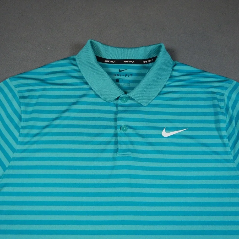 Nike Golf Polo Shirt Mens L Blue Green Striped Dri-Fit Short Sleeve Tour 18 Logo